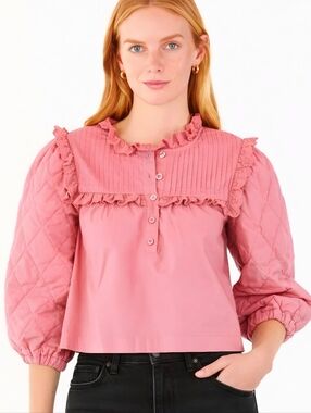 Hunter Bell Coral Quilted Sleeve Cropped Eyelet Ruffle Top, XS